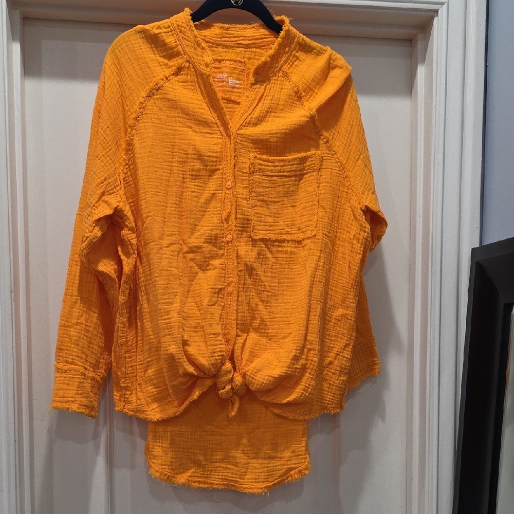 aerie Orange Gauze‎ Button-Front Long-Sleeve Top
